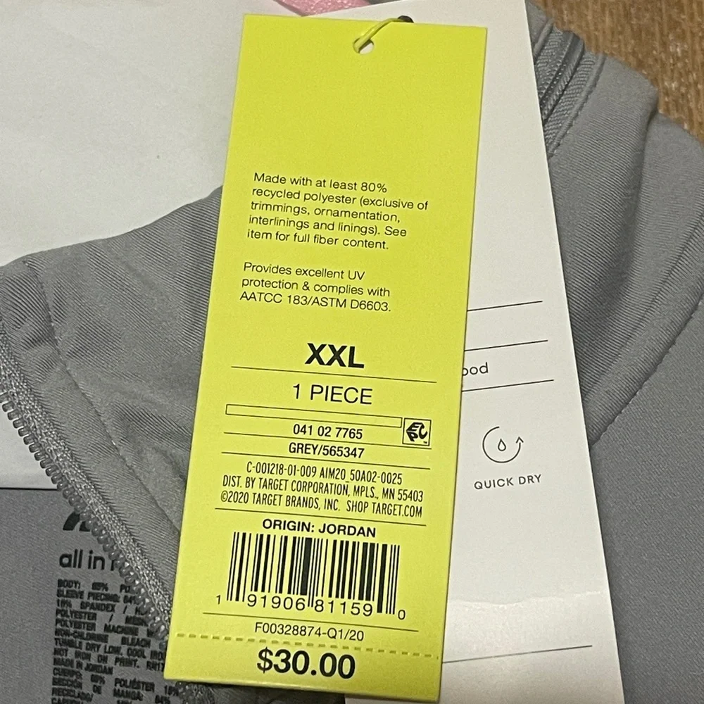 All in Motion Mens Lightweight UPF 50 Jacket Packable Hood Full Zip Gray XXL NWT